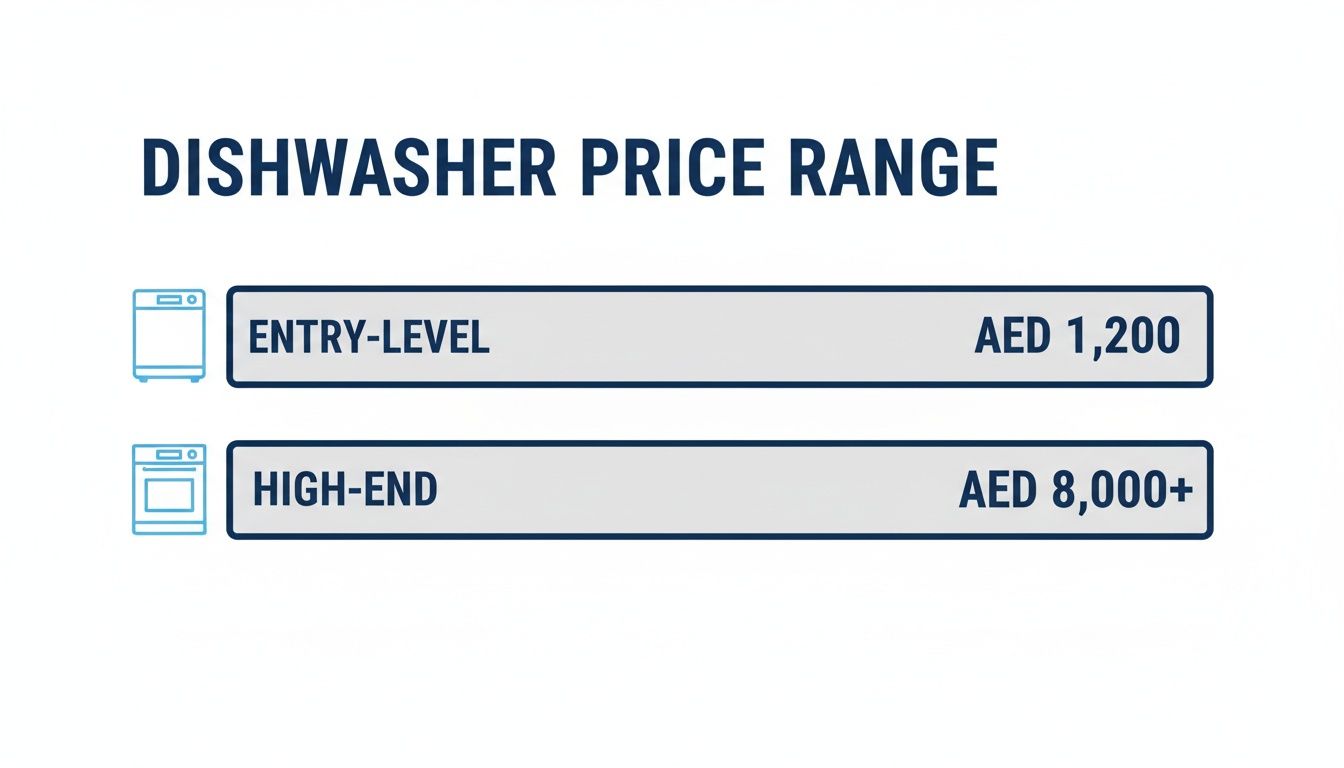 Infographic showing dishwasher price ranges: entry-level at AED 1,200 and high-end at AED 8,000+.