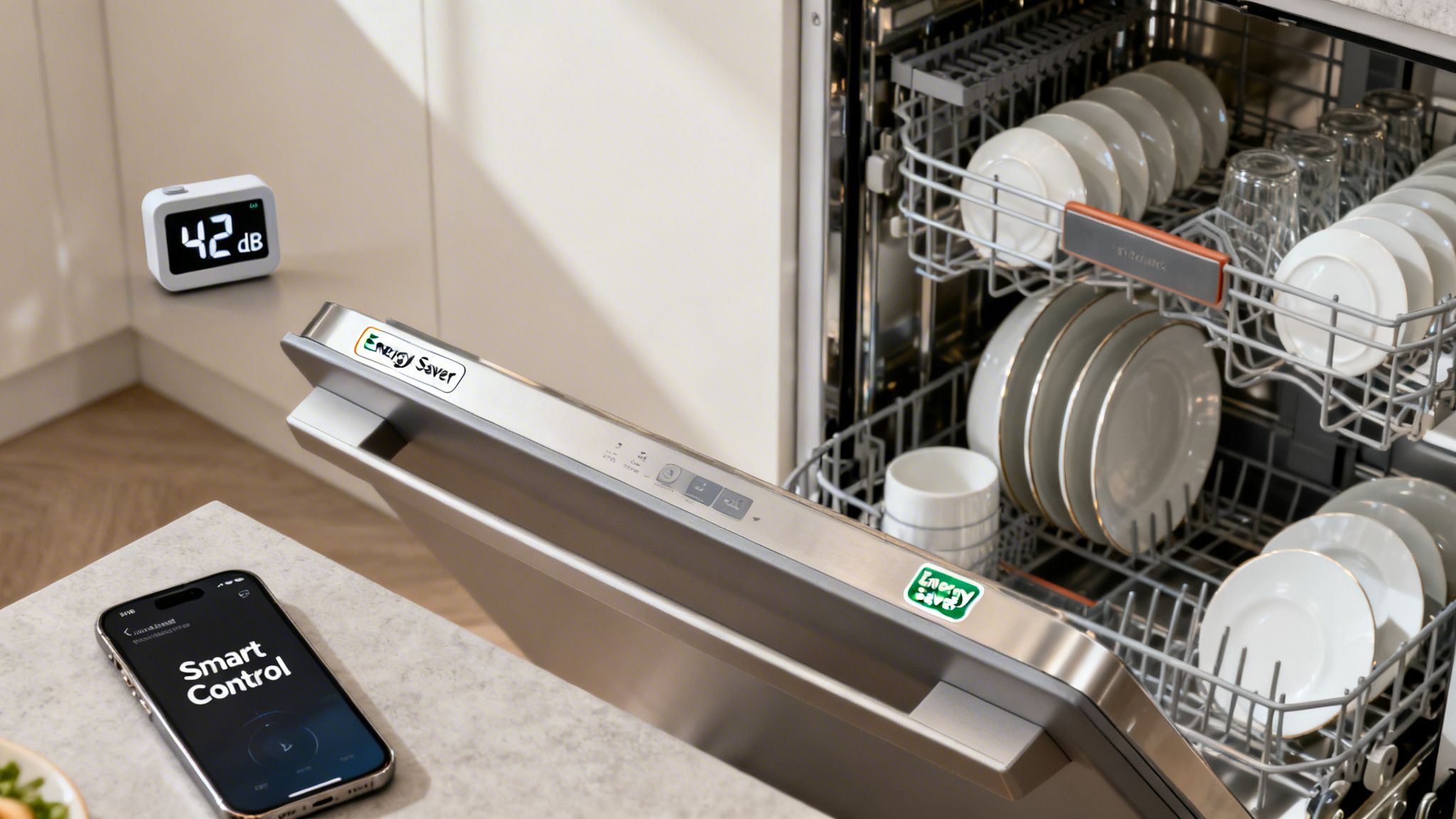 A modern, energy-efficient dishwasher with smart control and clean dishes, showcasing its quiet 42 dB operation.
