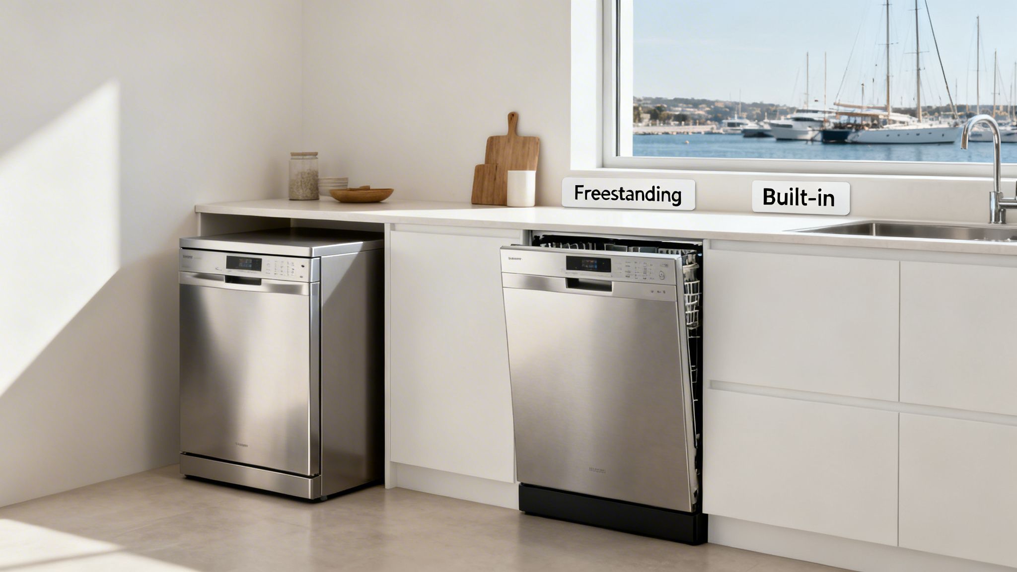 Two modern stainless steel dishwashers in a kitchen, one freestanding and one built-in, showing different styles.