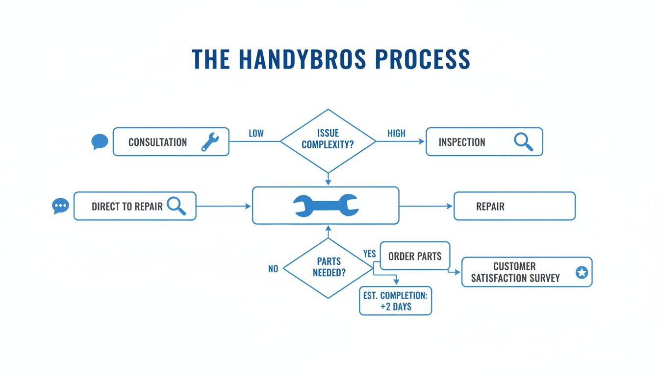 A detailed flowchart showing the Handybros service process, from initial consultation to customer satisfaction.