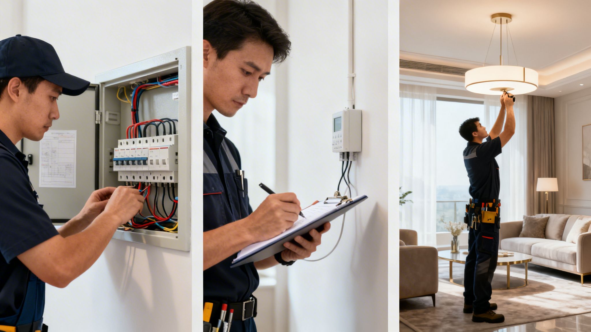 An electrician working on an electrical panel, inspecting a meter, and installing a light fixture.