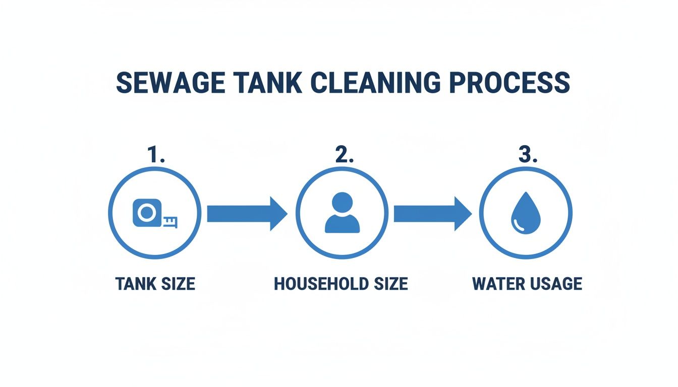 A visual guide illustrating the sewage tank cleaning process based on tank size, household size, and water usage.