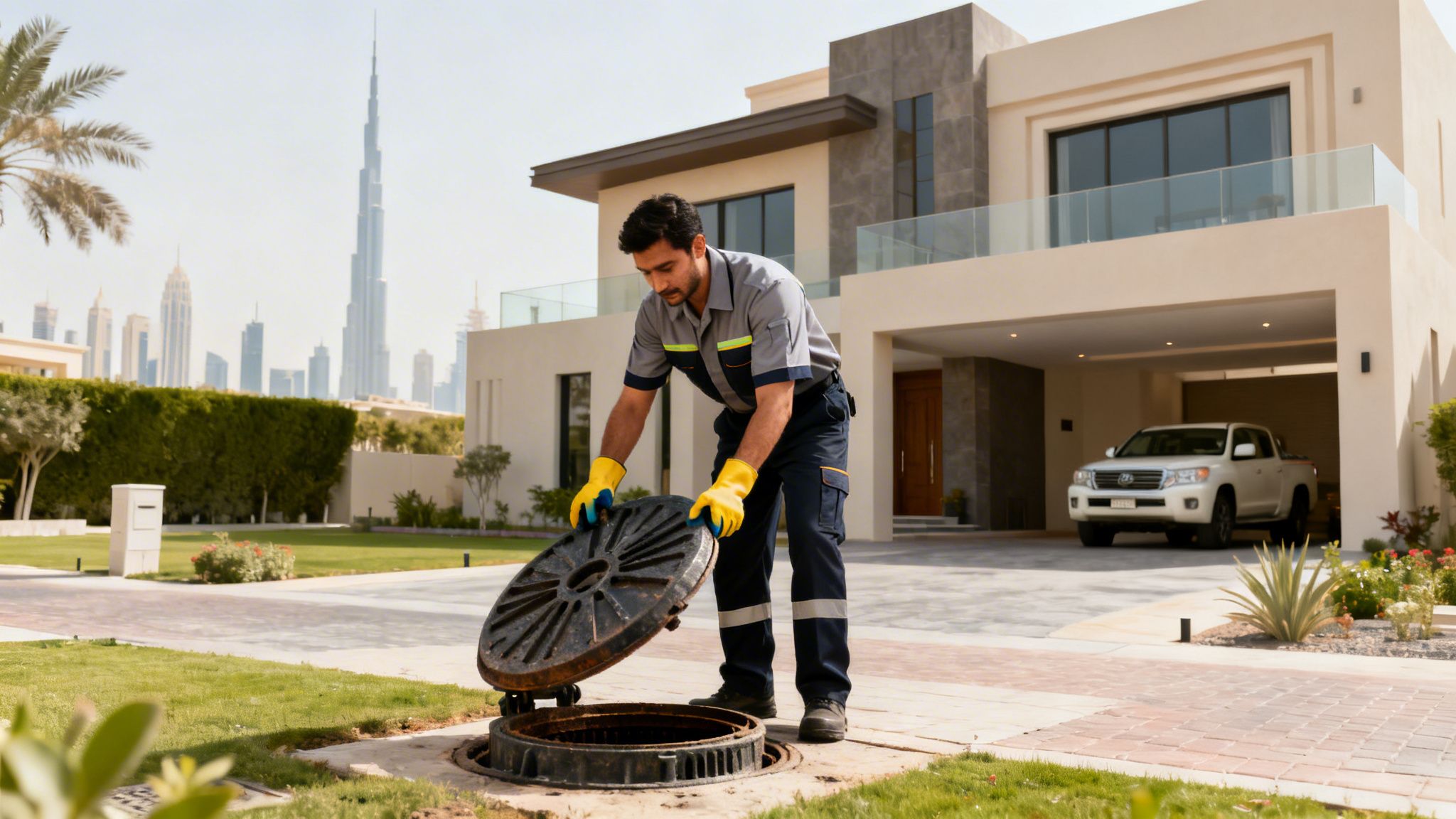 A technician in uniform and yellow gloves opens a manhole cover in front of a modern house, with the Dubai skyline in the distance.