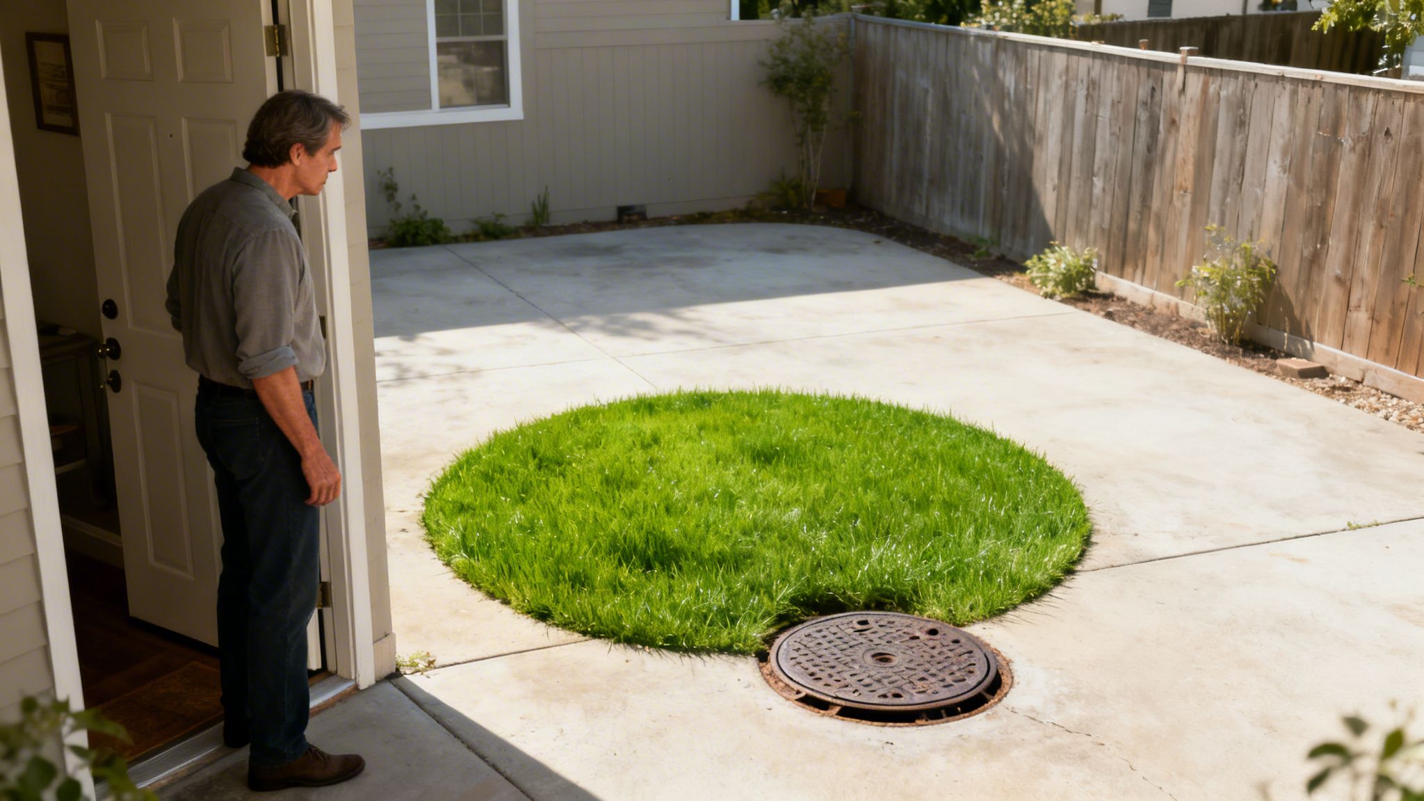 A man stands in a doorway, looking at a circular grass area and a manhole on a patio.