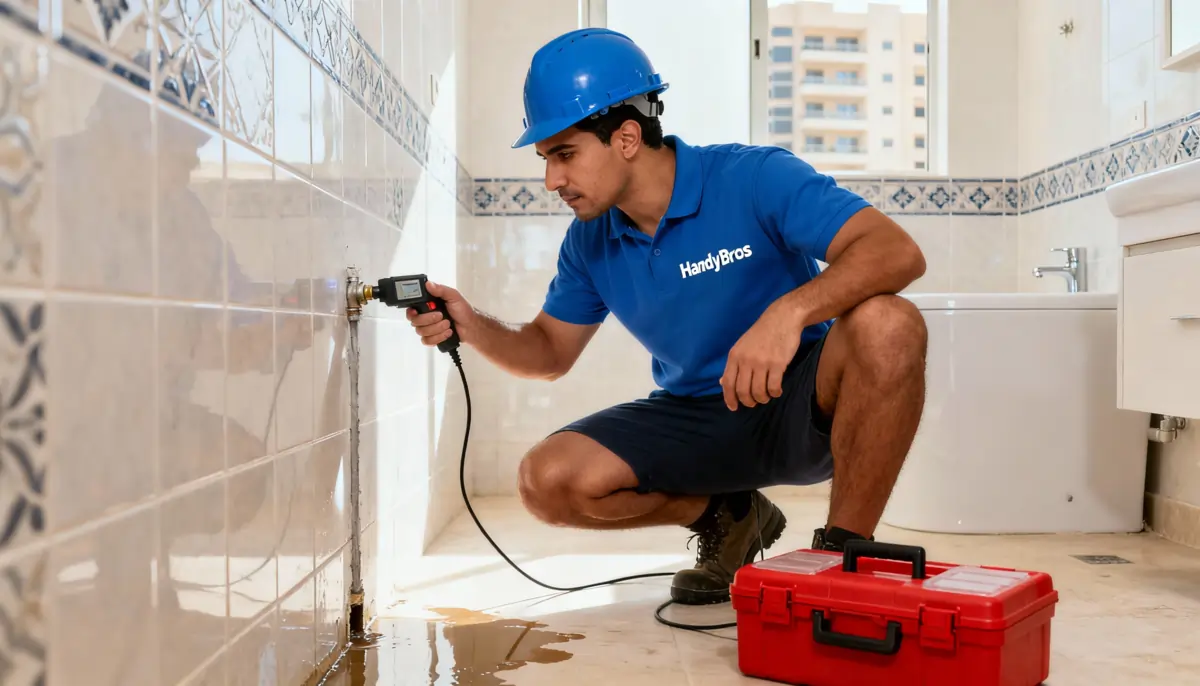 Water leakage repair technician using detection equipment in Dubai