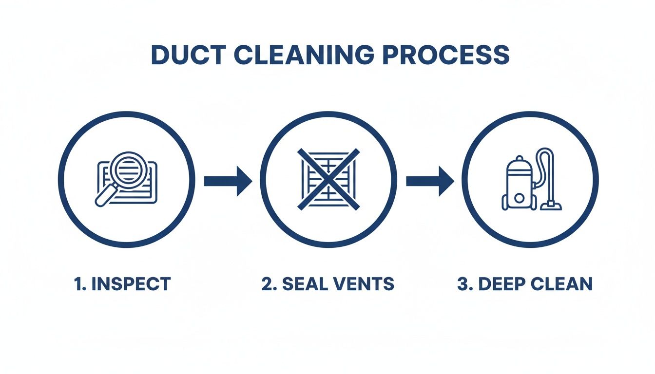 A three-step diagram illustrating the duct cleaning process: inspect, seal vents, and deep clean.