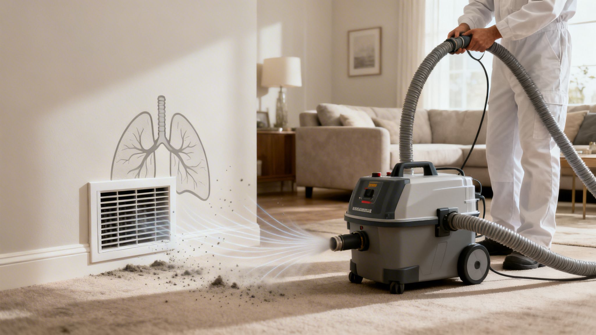 A person cleans a dirty air vent with a specialized machine, highlighting improved indoor air quality.