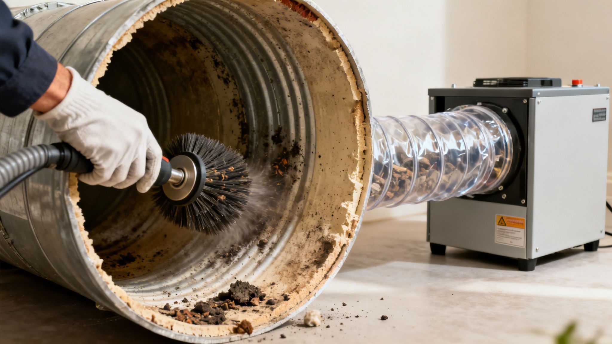A person in gloves cleans a dirty metal duct with a rotating brush, collecting debris with a vacuum machine.