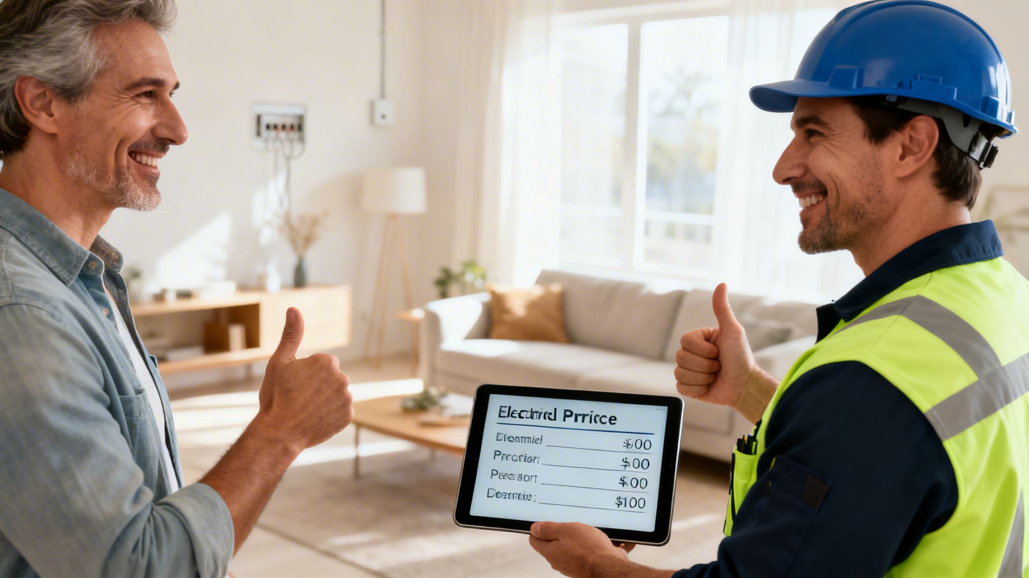 Smiling electrician and customer give thumbs up after reviewing electrical service prices on a tablet.