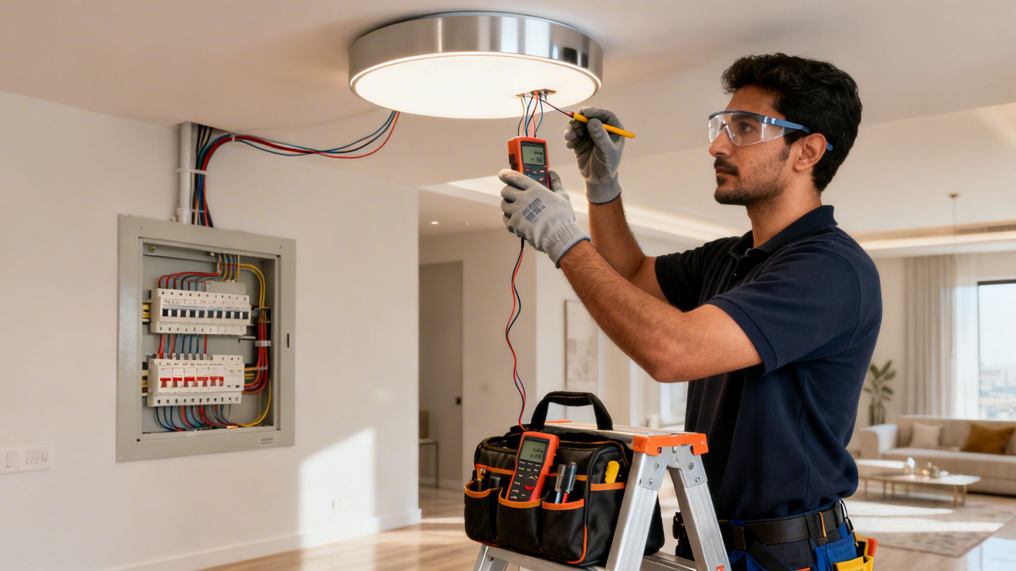 An electrician in safety glasses and gloves works on a ceiling light fixture with a multimeter.