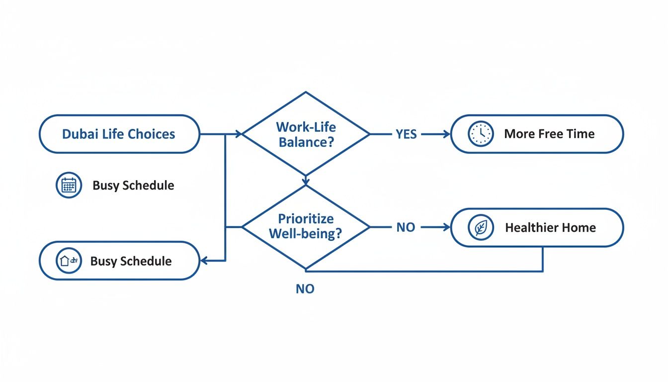 Flowchart illustrating Dubai life choices, work-life balance, and well-being, leading to more free time or a healthier home.