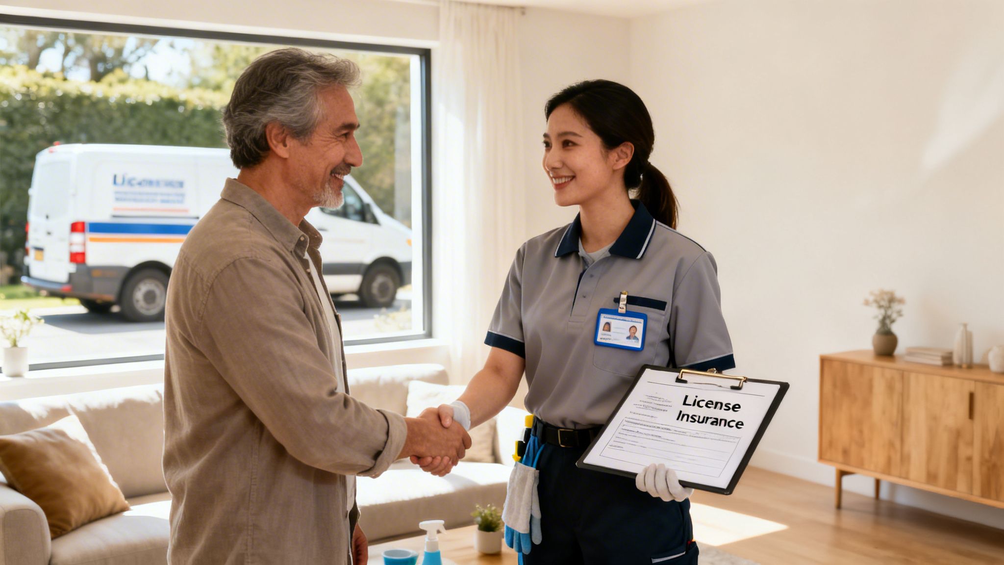 Smiling professional cleaner in uniform holding a clipboard shakes hands with a happy homeowner.