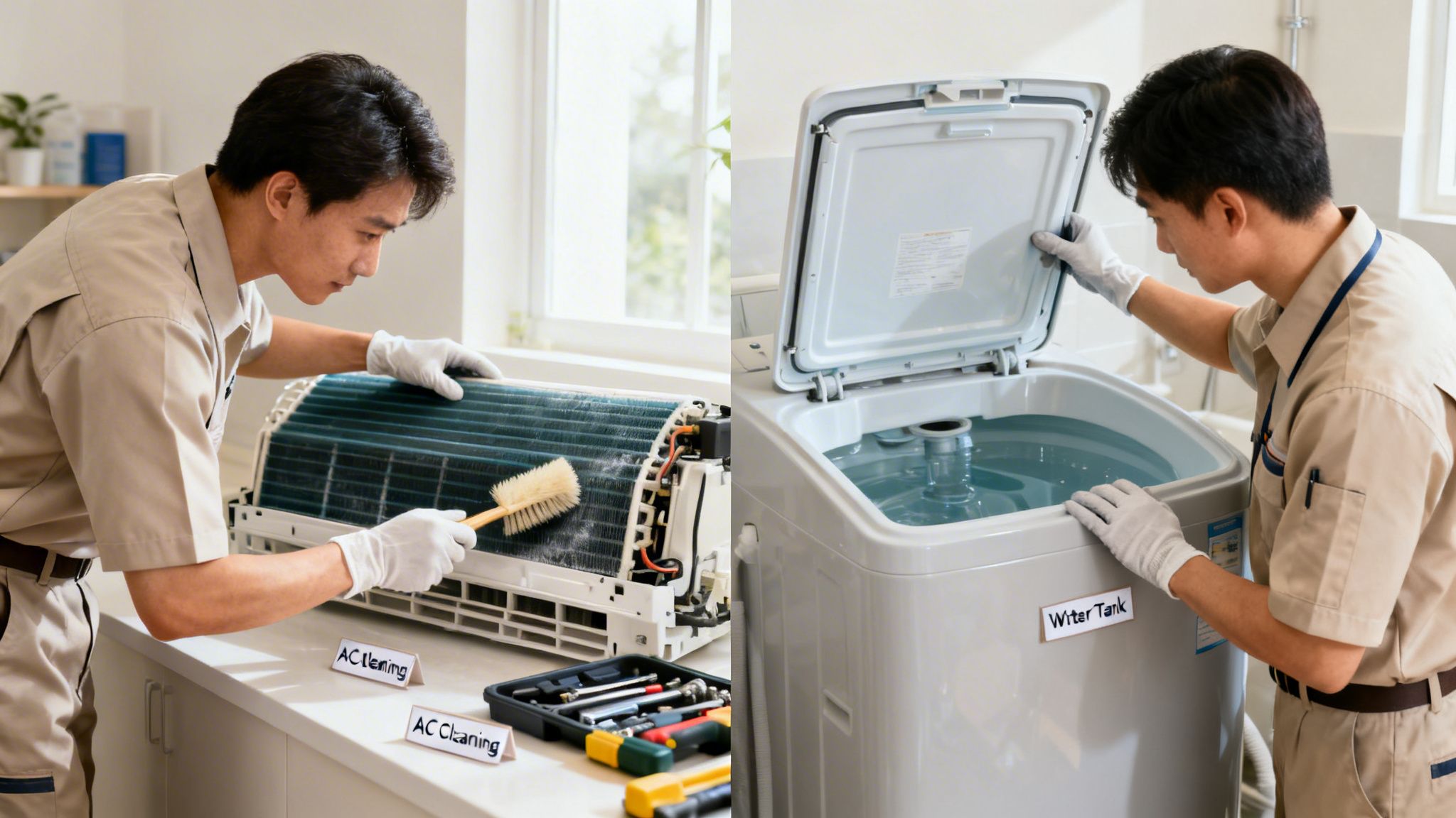 A male technician in uniform and gloves cleans an air conditioner and inspects a washing machine, performing home appliance maintenance.