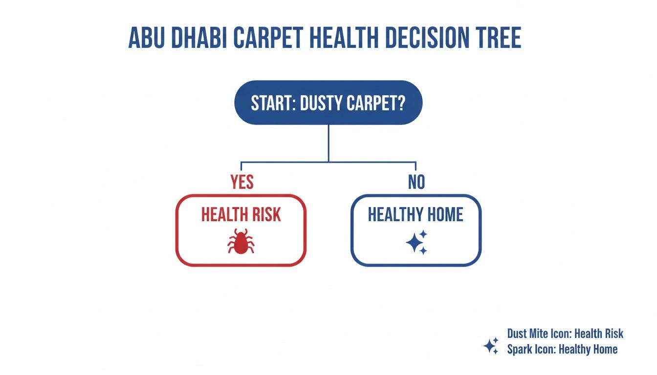 A decision tree illustrating Abu Dhabi carpet health, determining health risk or healthy home based on carpet dustiness.