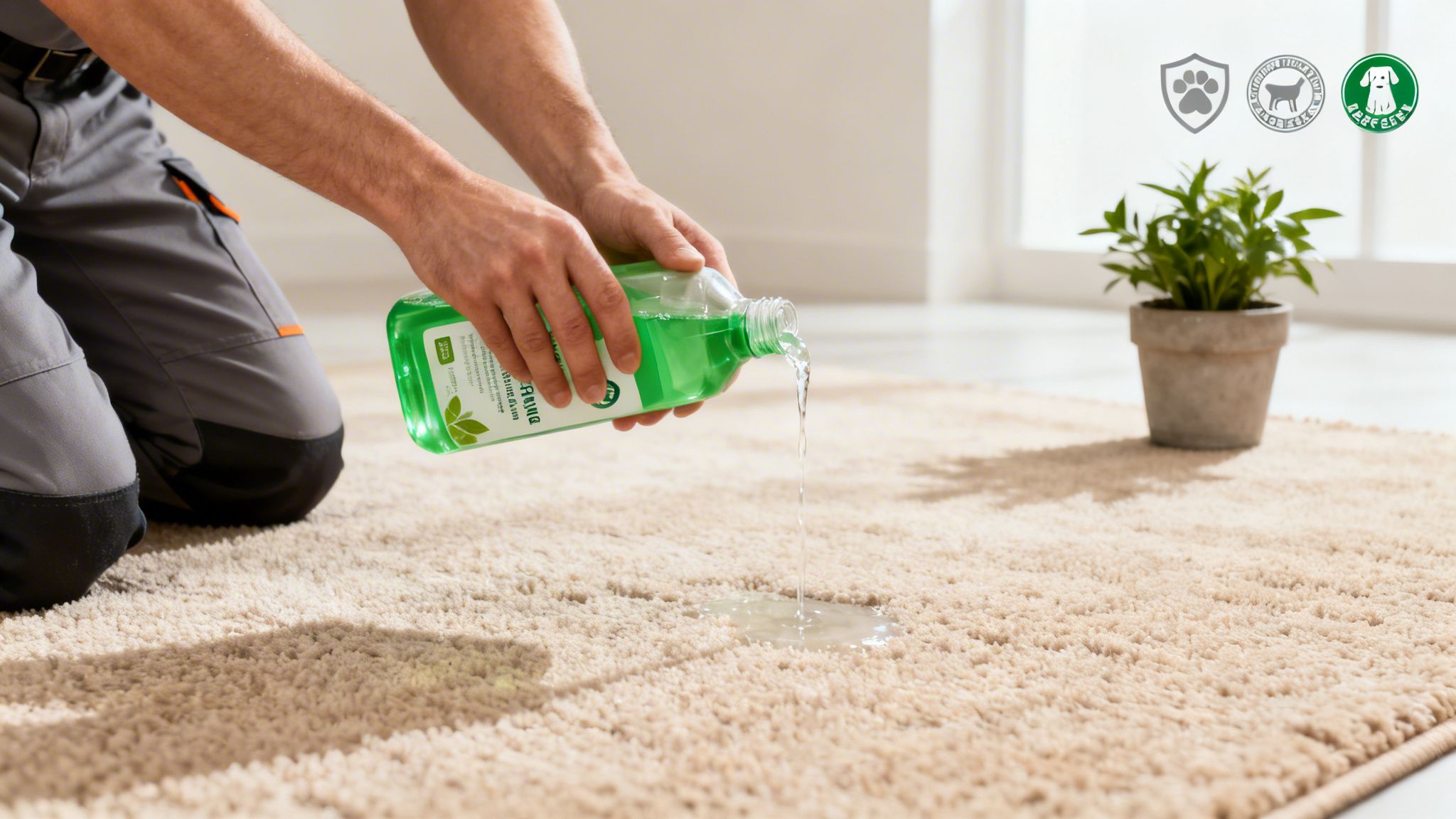 Person kneeling on a beige carpet, pouring green pet-friendly cleaning solution onto a spot.