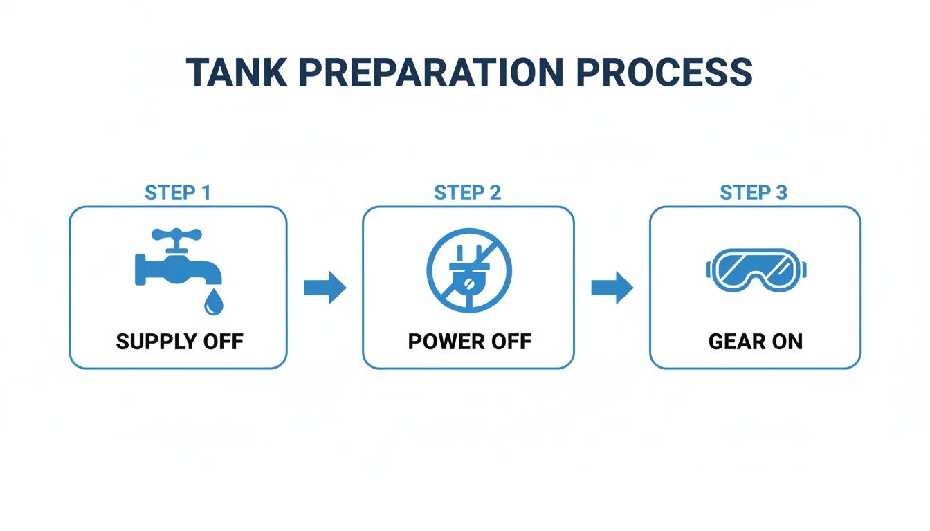 Diagram showing three steps for tank preparation: turning supply off, cutting power, and wearing safety gear.