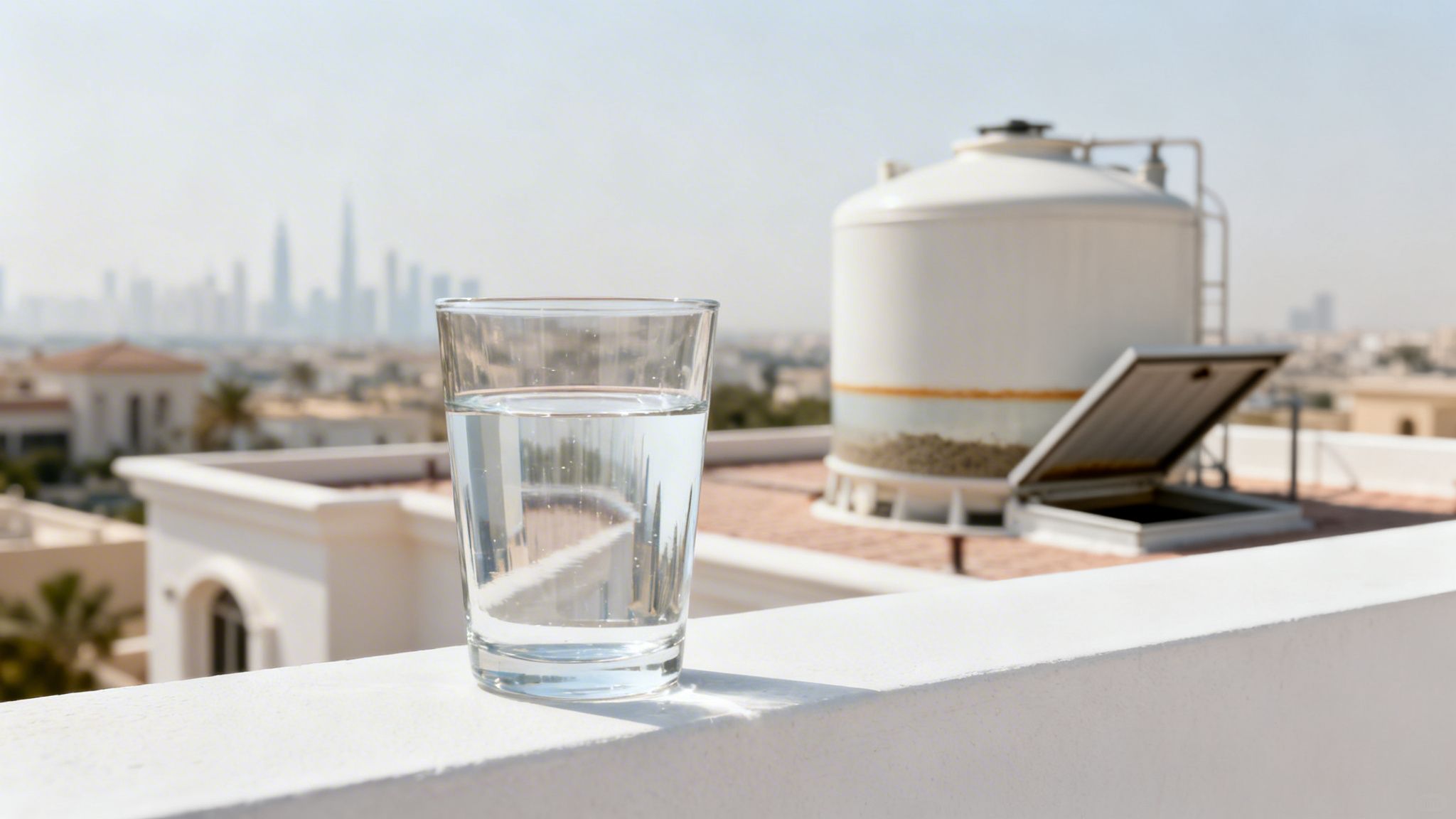 A glass of water on a white rooftop wall, with a water tank and blurry city skyline.