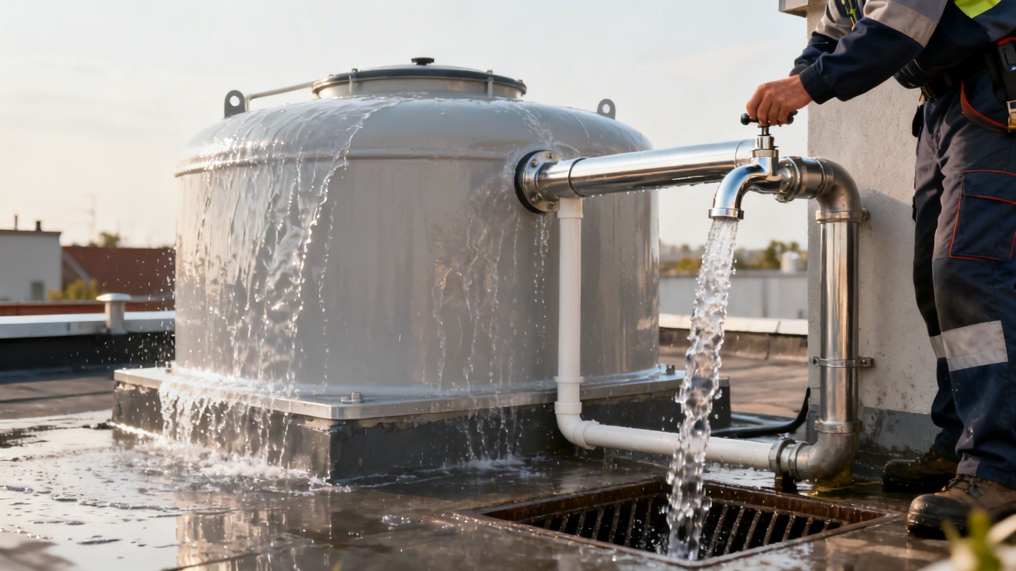 A worker flushes a large water tank on a rooftop, with water overflowing and draining.