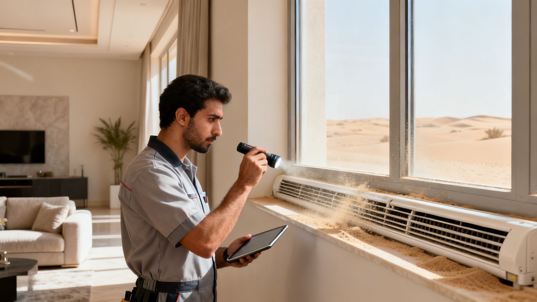 Technician inspecting a sand-covered window AC unit with a flashlight and tablet in a modern villa.