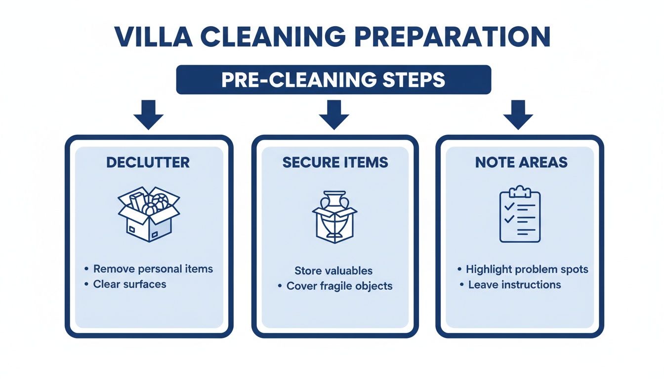 Infographic showing three essential pre-cleaning steps for a villa: decluttering, securing items, and noting areas.