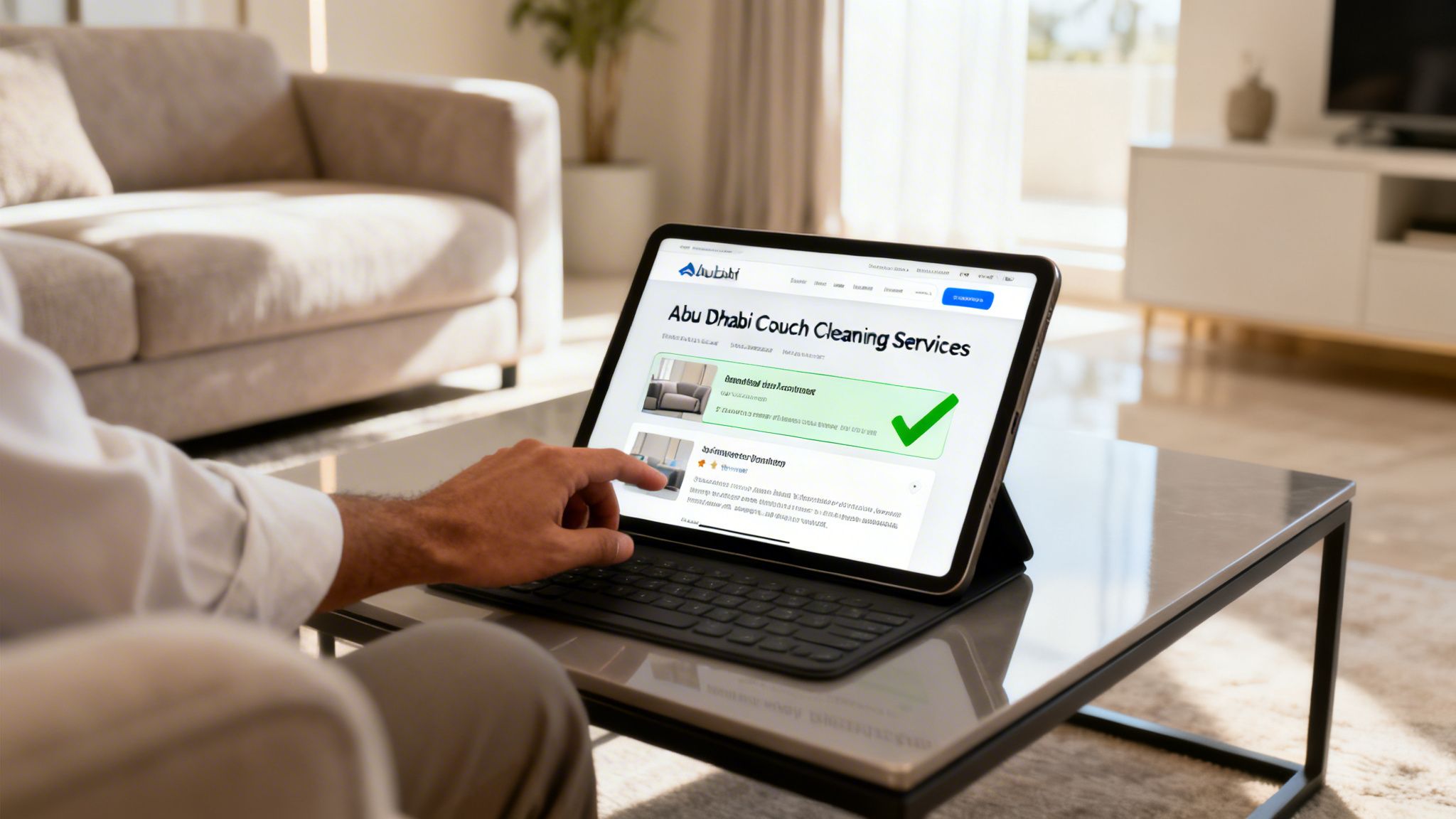 A person using a tablet to search for professional couch cleaning services in Abu Dhabi