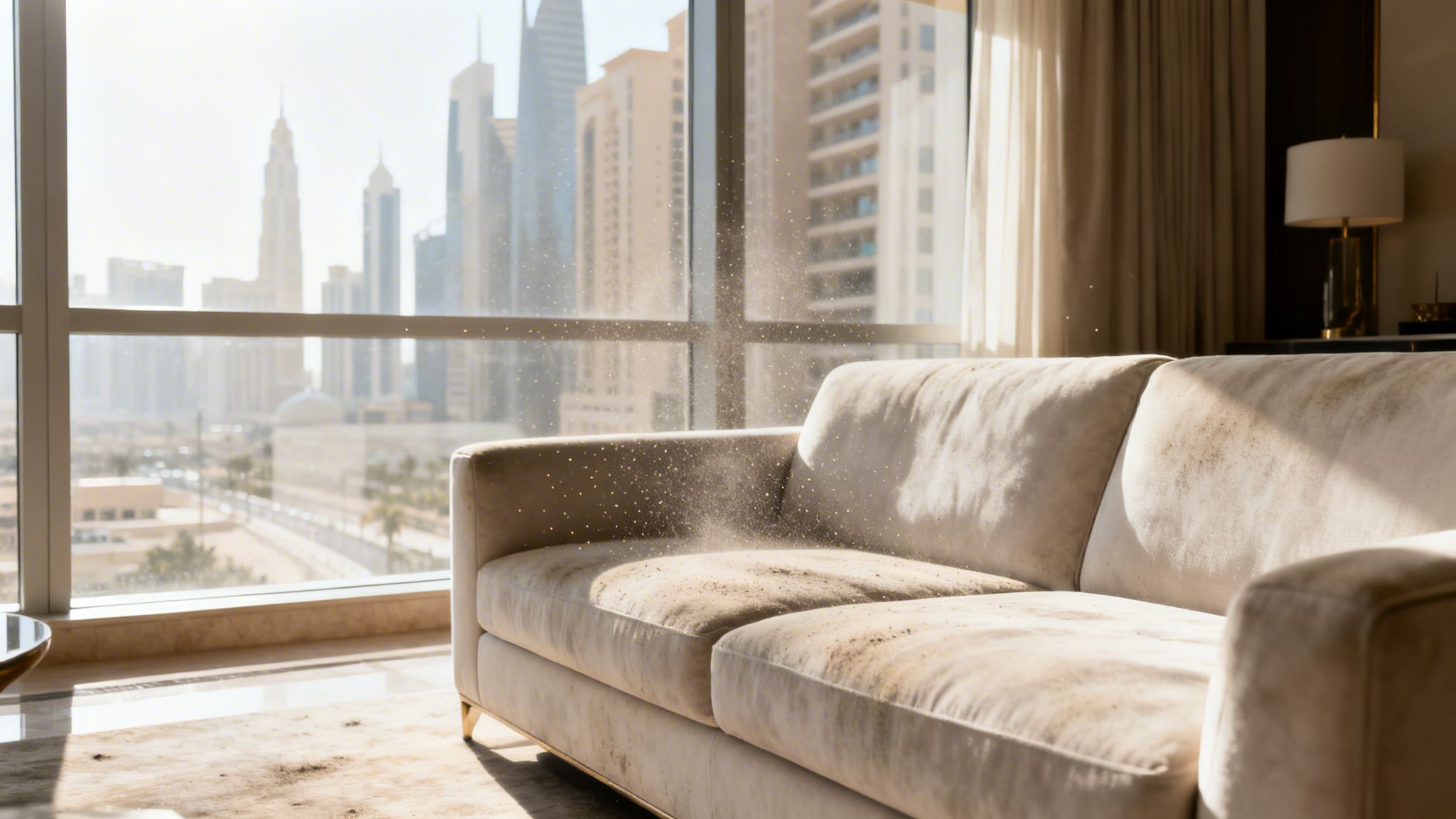 A beige couch being professionally cleaned in a bright room with a stunning Dubai city skyline view.