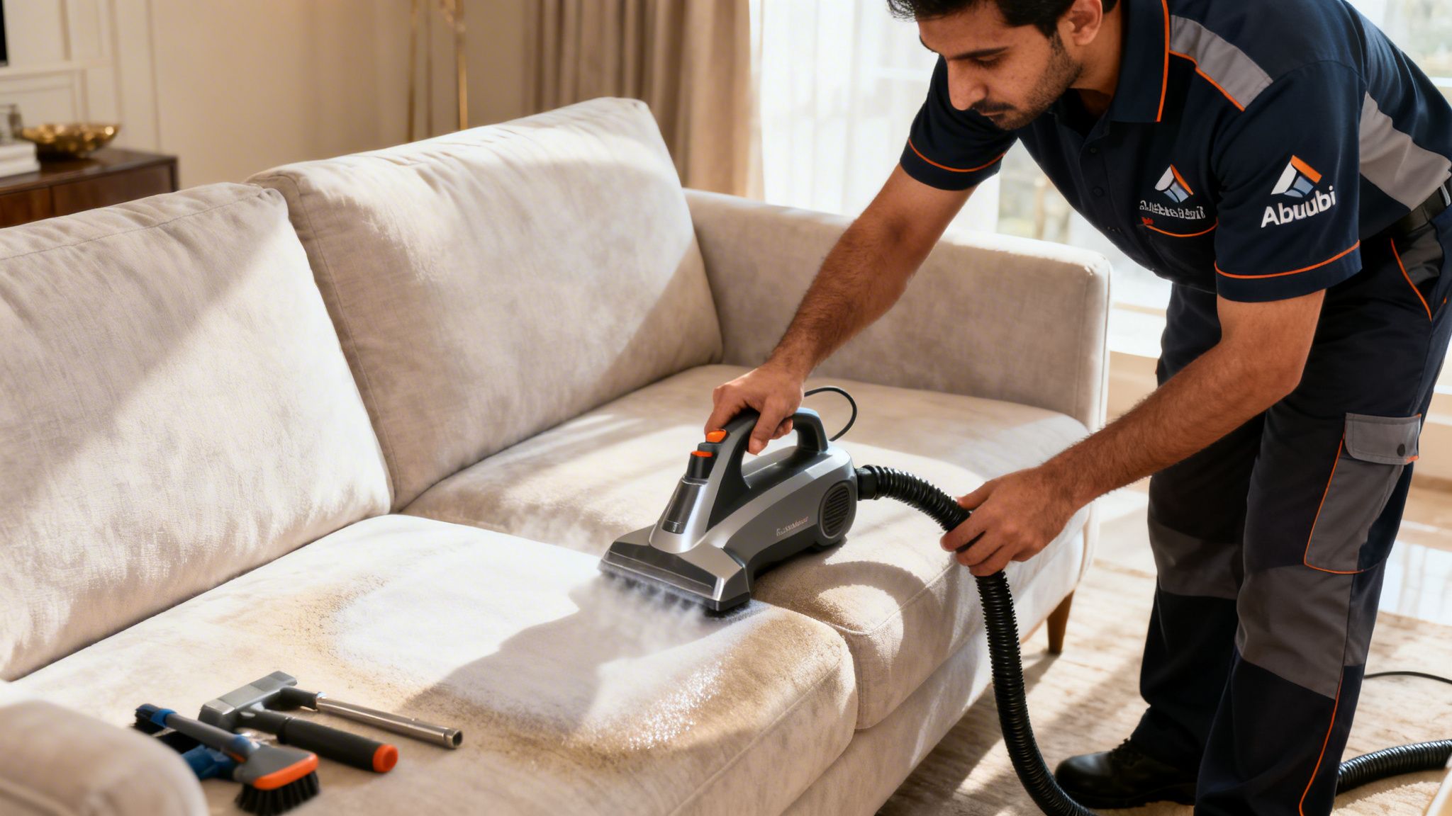 A professional cleaner using a handheld steam cleaner to sanitize and remove stains from a beige sofa.