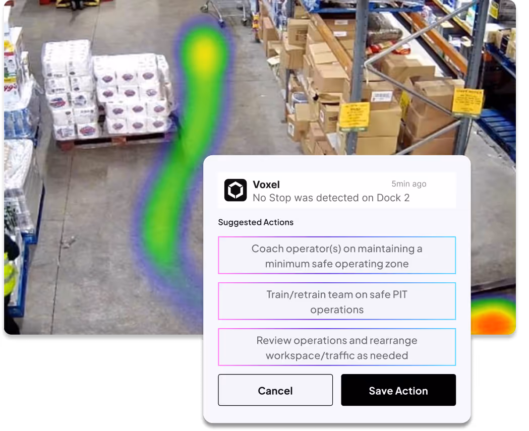 Warehouse aisle with stacked boxes and a heatmap overlay showing areas detected for no stop on Dock 2, with a pop-up suggesting coaching operators, training teams, and reviewing workspace traffic.