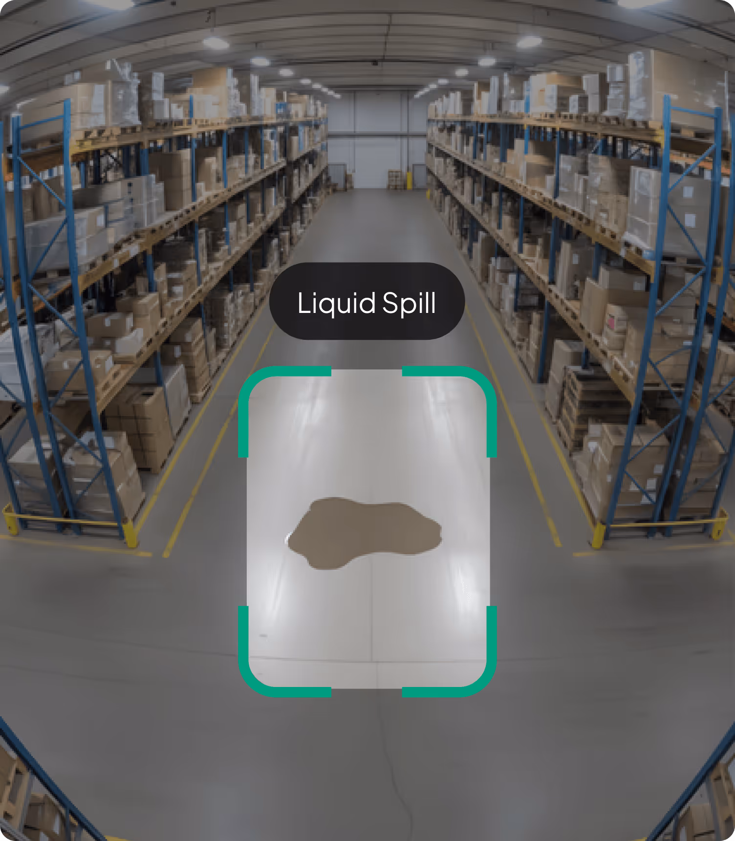 Warehouse aisle with shelves of boxes and a highlighted liquid spill on the floor.