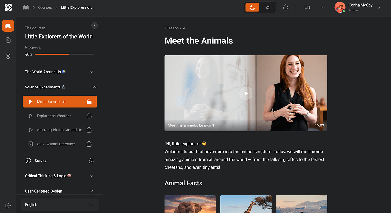 The client’s team structured courses for different age groups, combining videos, quizzes, and storytelling to keep children engaged.
