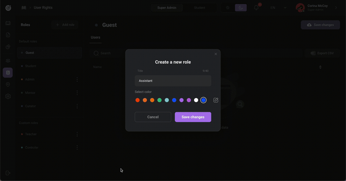Users manage roles, assign permissions, and control access across learning portals