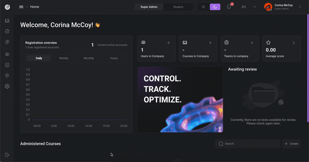 Quickly switch between admin and learner views to manage and experience content