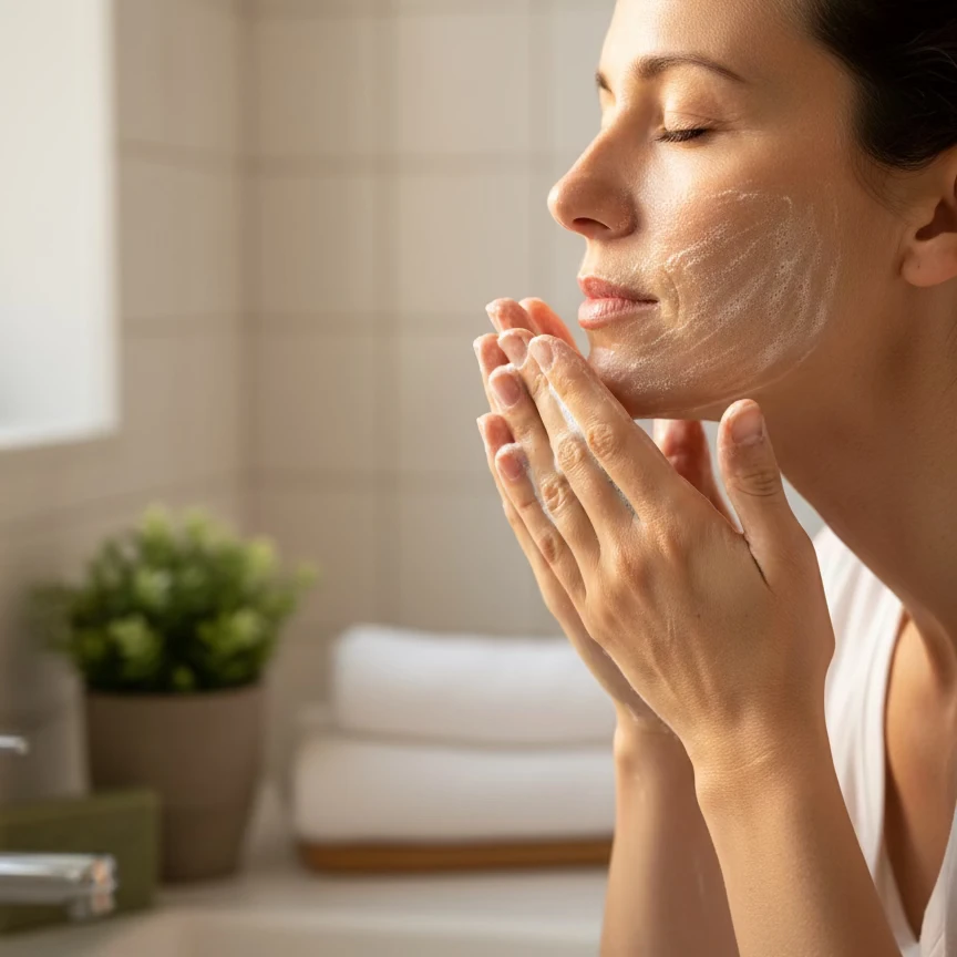 Femme appliquant un nettoyant moussant sur son visage dans une salle de bain lumineuse.