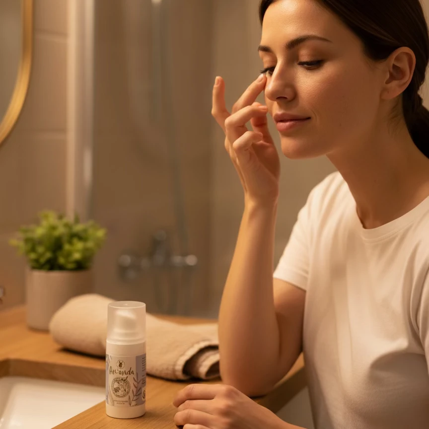 Femme appliquant une crème sur le visage dans une salle de bain avec un flacon de produit de soin sur le lavabo.