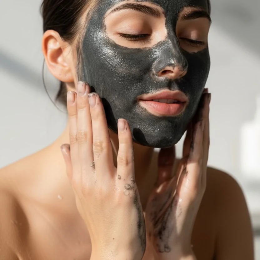 Femme appliquant un masque facial noir sur son visage avec les mains, les yeux fermés.