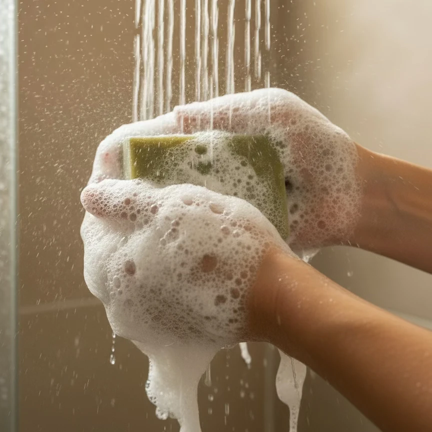 Deux mains tenant un savon mousseux sous un jet d'eau dans une douche.