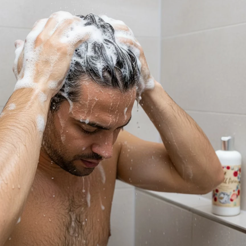 Un homme se lave les cheveux avec du shampoing mousseux sous la douche.