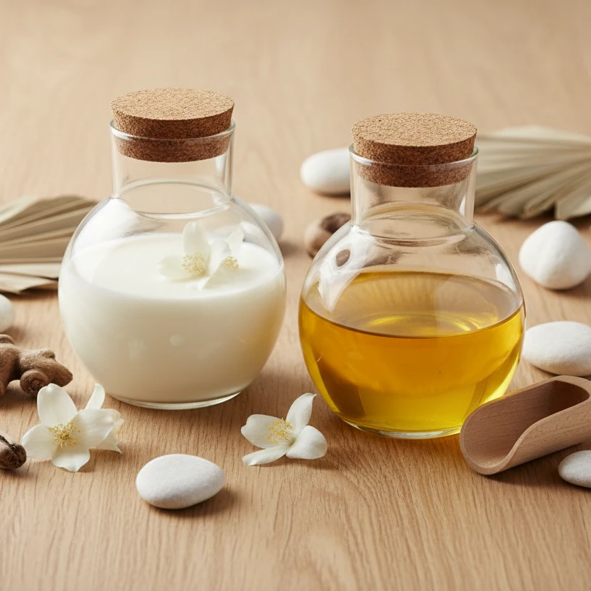 Deux flacons en verre avec bouchon en liège, contenant respectivement un liquide blanc et une huile dorée, entourés de fleurs blanches, pierres blanches et bois sur une surface en bois.