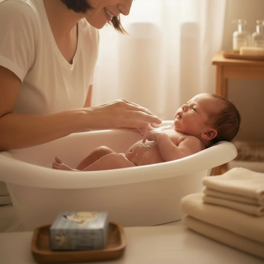 Une maman souriante lave un bébé dans une petite baignoire blanche, avec des serviettes pliées et du savon à proximité.