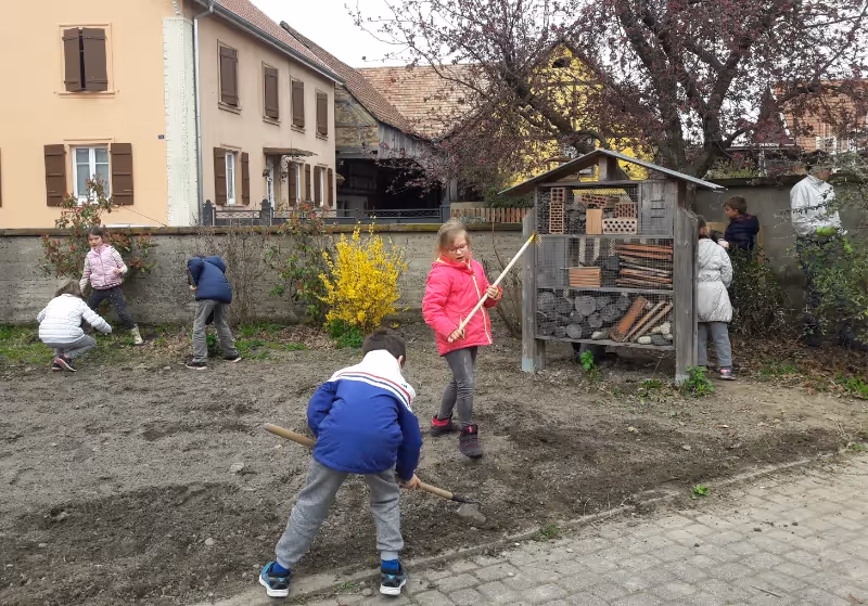 Des enfants qui font de jardinage dans la cours de l'école