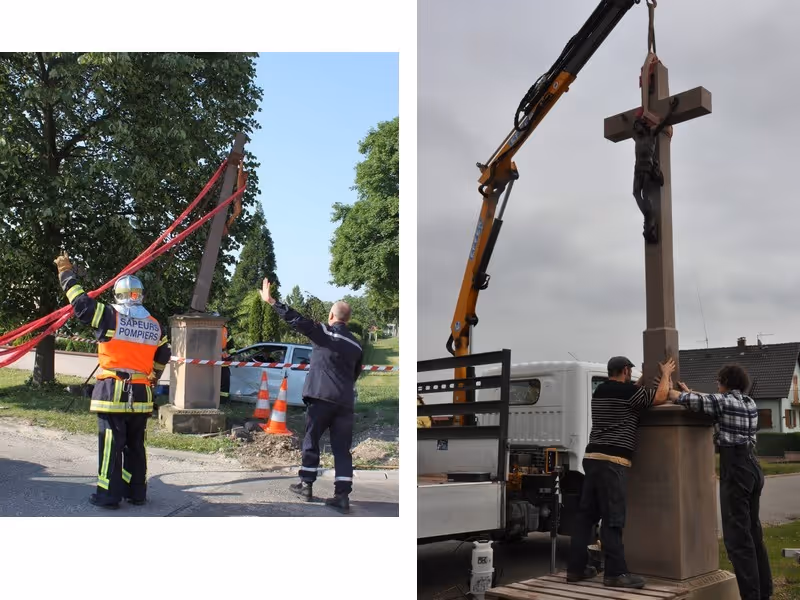 Réinstallation après restauration d'une croix de chemin, Rue de Saint-Cyprien