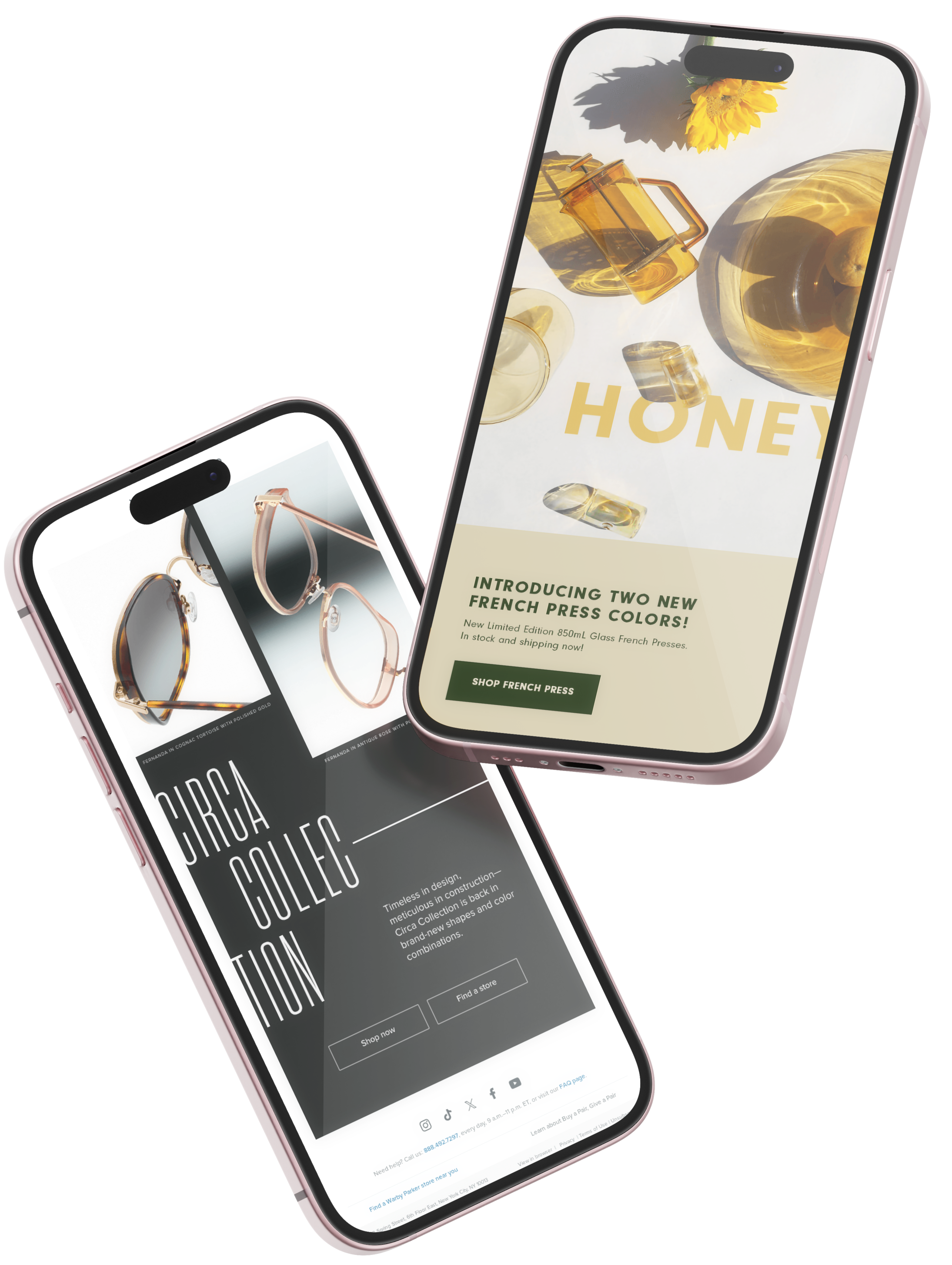 Two smartphones displaying promotional pages: one features sunglasses from the Circa Collection with options to shop or find a store; the other advertises new honey-colored French press glass models with a shop button.