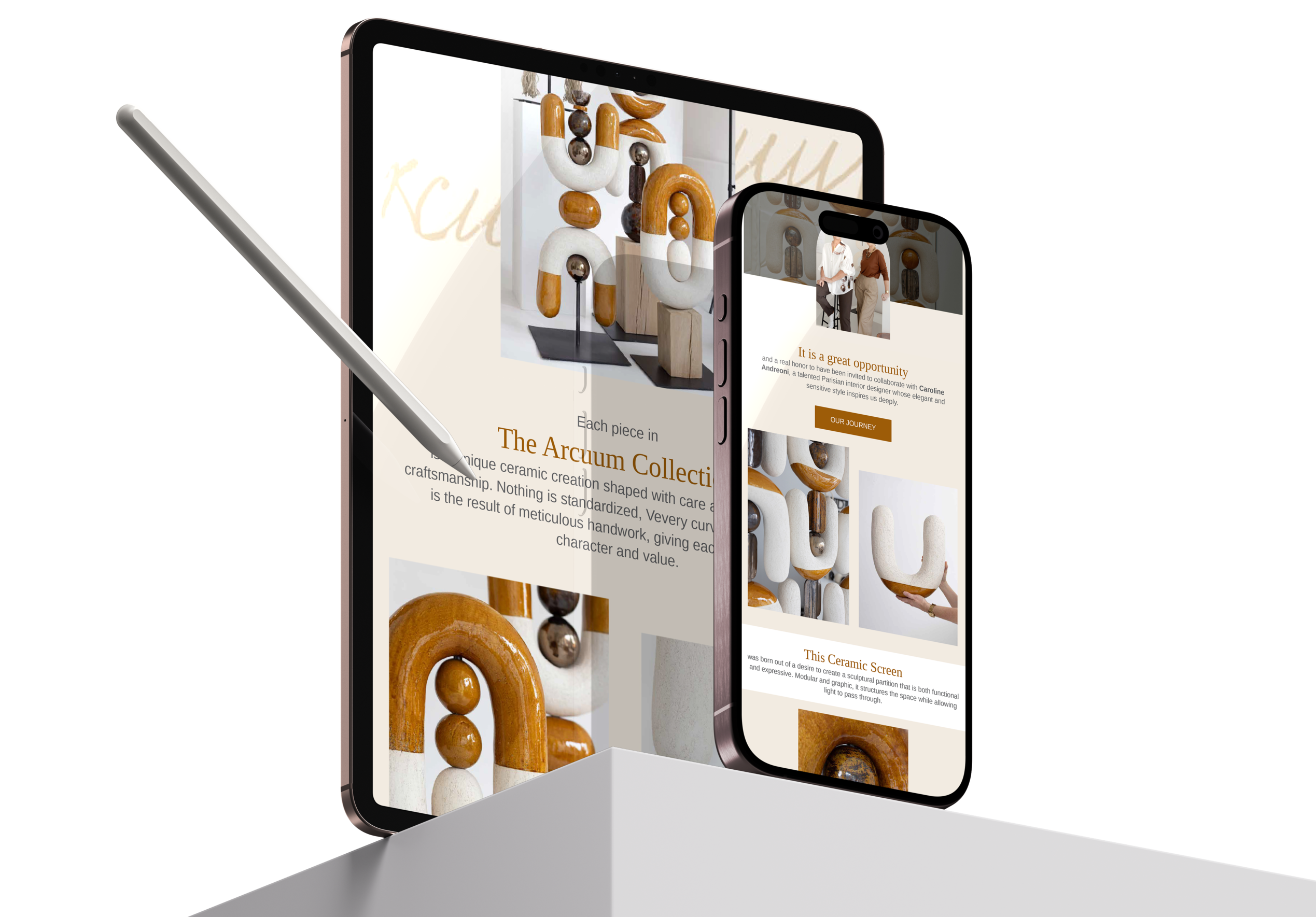 Digital tablet and smartphone displaying a website about The Arcum Collection ceramic art with images of modern ceramic sculptures and explanatory text.