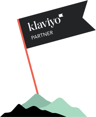 Black flag on a red pole with text 'klaviyo PARTNER' above green hills.