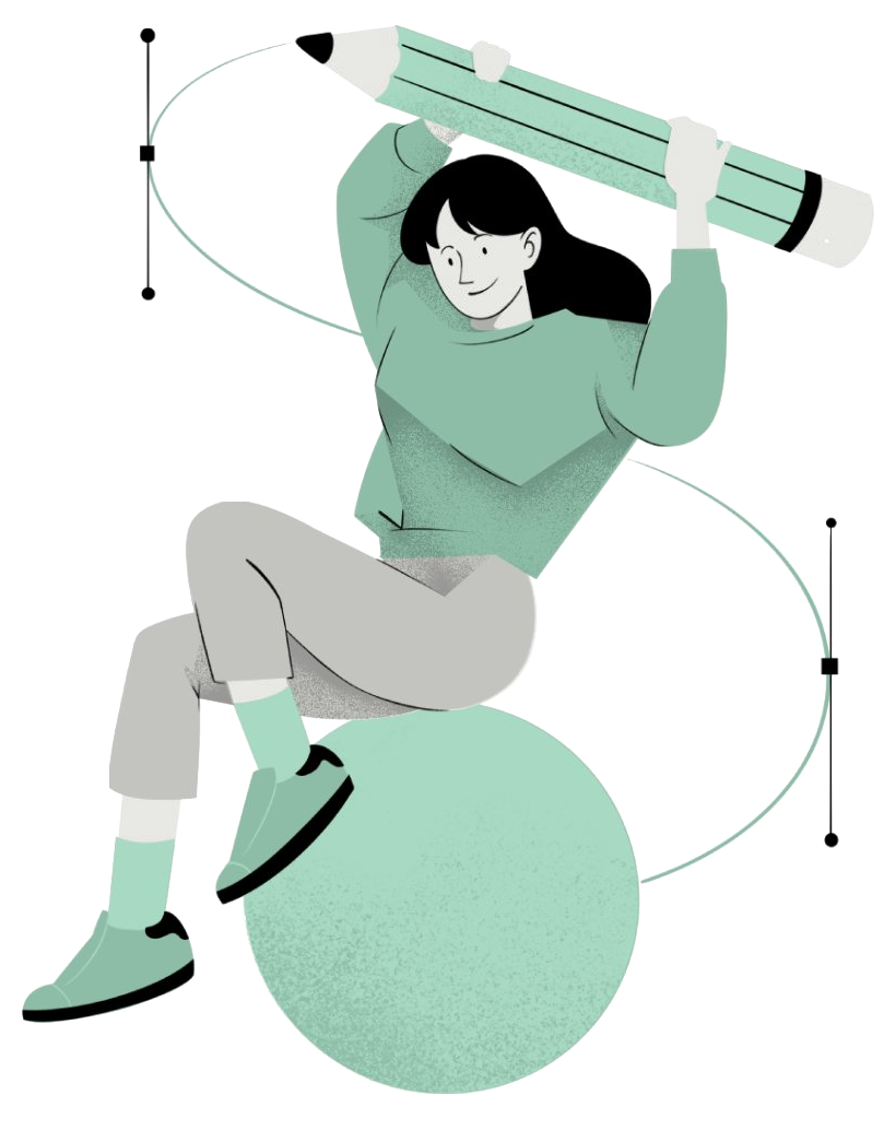Illustration of a woman sitting on a large green ball holding a giant pencil above her head with a curved line in the background.