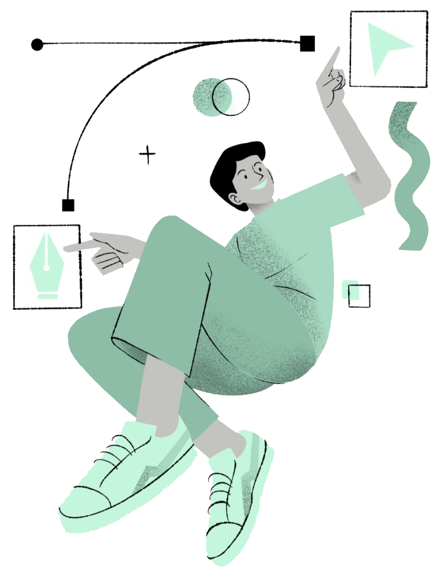 Illustration of a smiling person in casual clothes pointing at graphics of a pen nib and a navigation arrow with connecting lines.