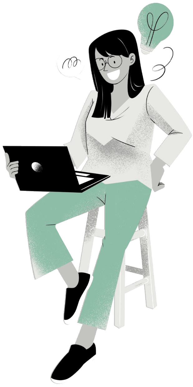 Illustration of a happy woman with glasses sitting on a stool with a laptop on her lap and a glowing light bulb above her head.
