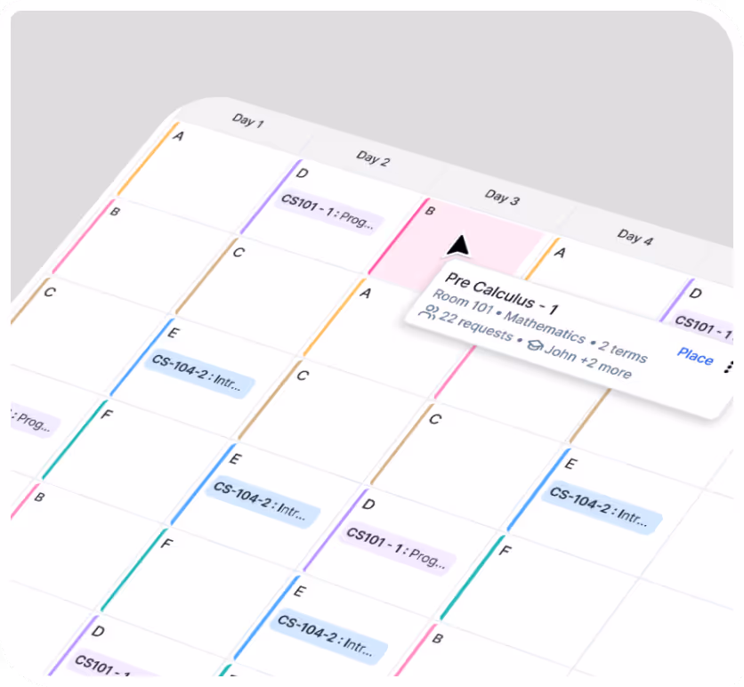 Class schedule grid showing multiple courses including Pre Calculus in Room 101 with details about terms and requests.