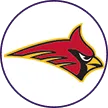 Stylized red cardinal head with a sharp yellow beak facing right.