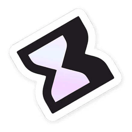 Black hourglass icon with gradient purple center and white border tilted diagonally.